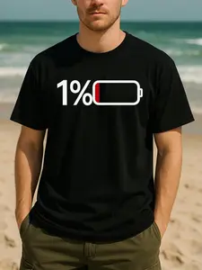 Low Battery Printed T-Shirt, Printed Pattern T-Shirt -100% Pure Cotton Lightweight Short Sleeved Top, Regular Version Casual Shirt, Machine Washable Novel Style, All Season Clothing| Printed Top