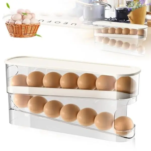 1pc Automatic Double-Layer Sliding Egg Box,Eggs Capacity - Flip-Top Design Fresh Egg Organizer - Kitchen Essential Egg Storage Solution And Refrigerator Space-Saving Egg Rack