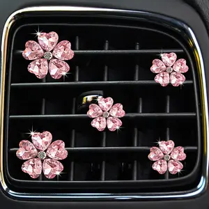 Heart-Shaped Crystal Five-Petal Flower Car Air Vent Diffuser Clip Set, Air Vent Clips, 5pcs Car Perfume Holder Aromatherapy Decor, Automotive Fragrance Accessories