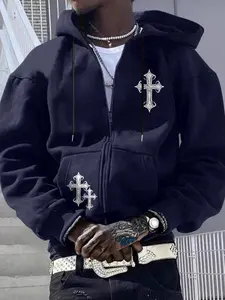 Men's Fleece Hoodie with Classic Cross Print Design, Warm Thermal Locking Jacket Coat, Versatile Daily Wear Outerwear