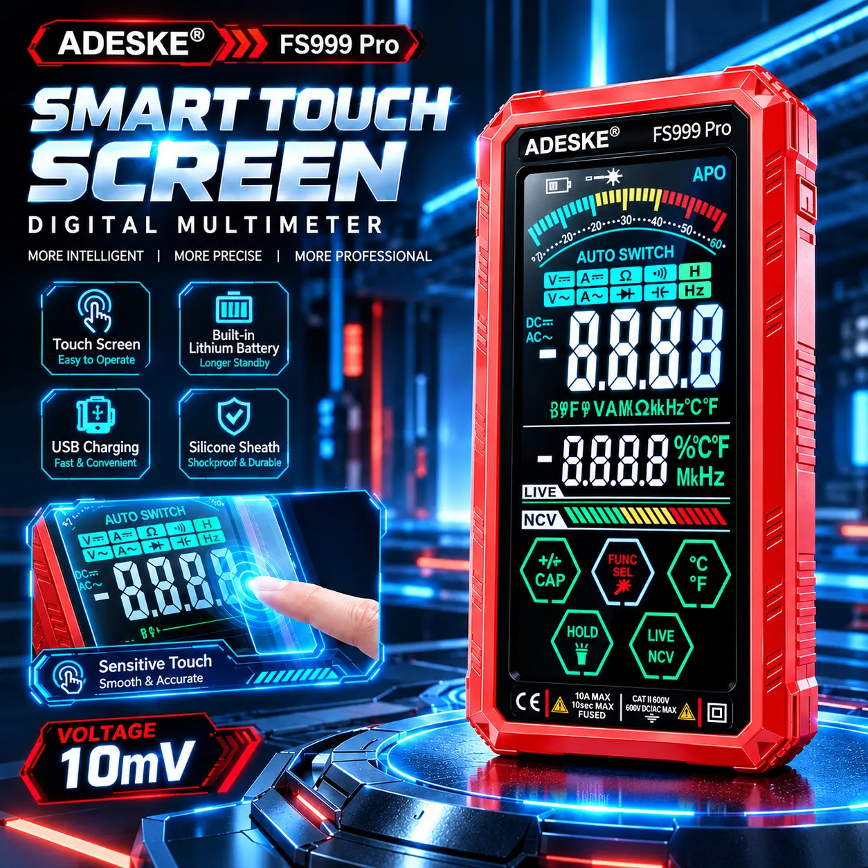 ADESKE Touchscreen Digital Multimeter – Electrical Tester with Laser Guide, Flashlight & Shockproof Protective Case