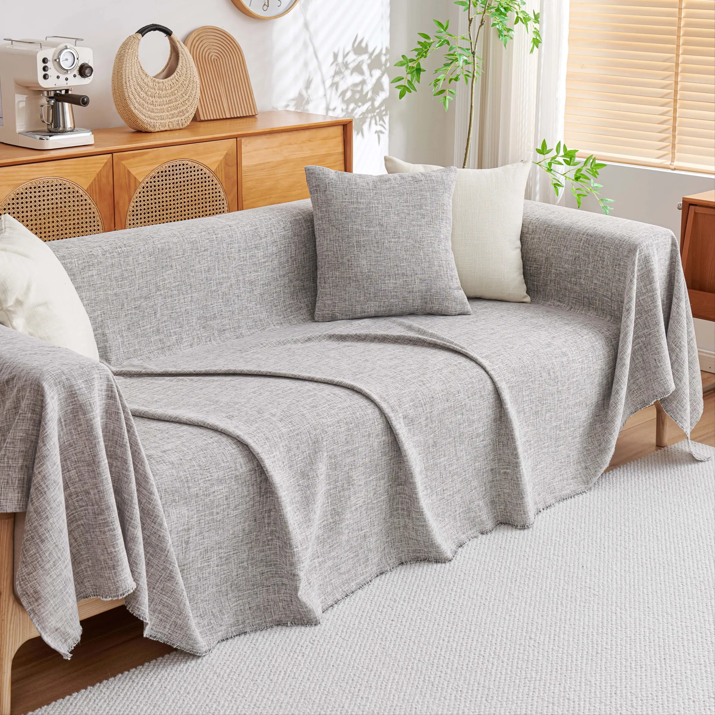 1 Pc Bamboo Weave Linen Sofa Cover, Slipcover For Sofa, Slipcovers For Couches And Sofas, Thickened Solid Color Couch Throw Blanket, Washable, Pet Friendly One Piece Slipcover, 2/3/4 Seater Sofas & Sectional Modular Couch, Modern Living Room Sofa Decor