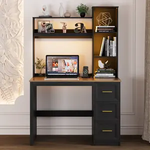 Dystler 40” Home Office Desk with Hutch and Drawers, Computer Desk with Power Outlets and LED Light, Study Writing Gaming Table with Storage Shelves, Workstation for Bedroom
