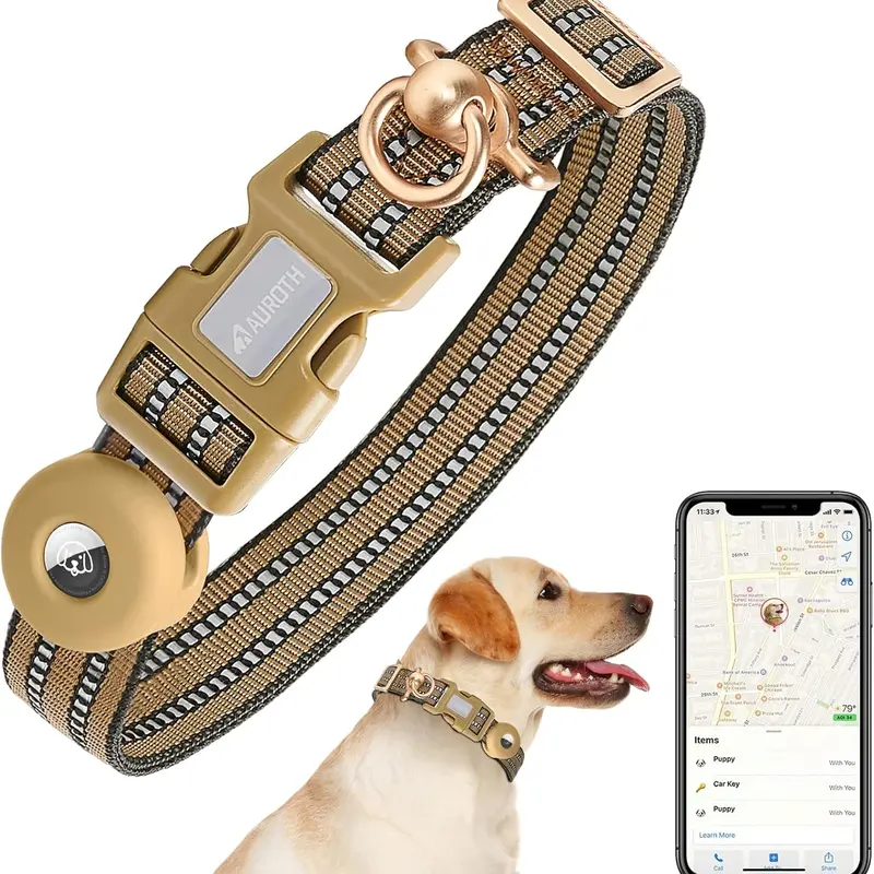 AUROTH AirTag Dog Collar Holder - Nylon/Polyester Adjustable Collar Case with Heavy-Duty D-Ring, 360° Swivel Ring, Reflective Strips, Tangle-Free Design, Easy to Install, for Medium/Large Dogs, Indoors, Lawns, Better Running Experience