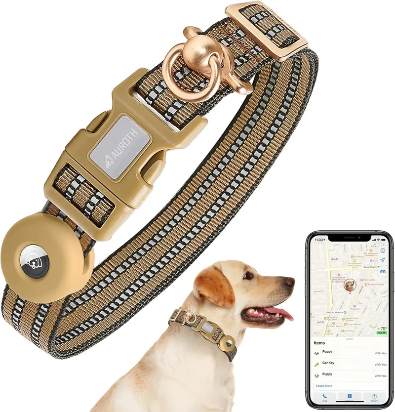 AUROTH Airtag Dog Holder Collar, Adjustable Air Tag Case Holder Dog Collar for Medium Large Dogs, Airtag Dog Collar Holder with Heavy Duty D Ring Tangle Free