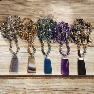 Boho-Chic Natural Stone & Glass Bead Necklace with Square Agate Pendant - Perfect for Casual Attire, Mother's Day Gift, Boho-Chic Multi-Layer Beaded Necklace