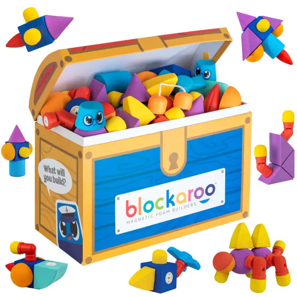 Blockaroo Magnetic Foam Building Blocks - 100-Piece Building Set for Kids Ages 3-6, STEM Preschool Toy, Bath Time Fun & Learning, Includes Storage Chest