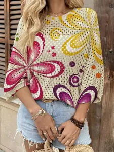 Spring Summer Women's Hollow Out Batwing Sleeve Knit Top, Colorblock Floral Print, Casual Elegant Commuter Wear, Boho Beach Cover-Up, Beach Coverups