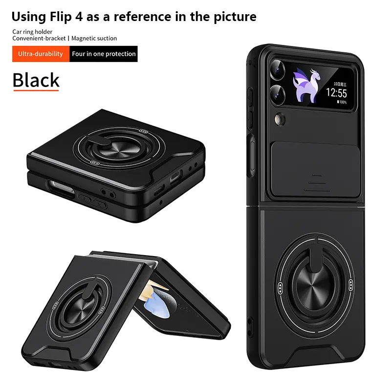 Phone Case with Sliding Camera Cover And [All-Round Camera Protection] 360 ° Rotating Circular Double Bracket  Suitable for Samsung Galaxy Z Flip 3/4/5/6/7/8 Case