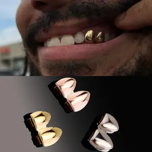 Hip Hop Double Glossy Teeth Grillz Gold Silver Color Tooth Caps Fangs Dental Grills For Women Men Jewelry Cosplay