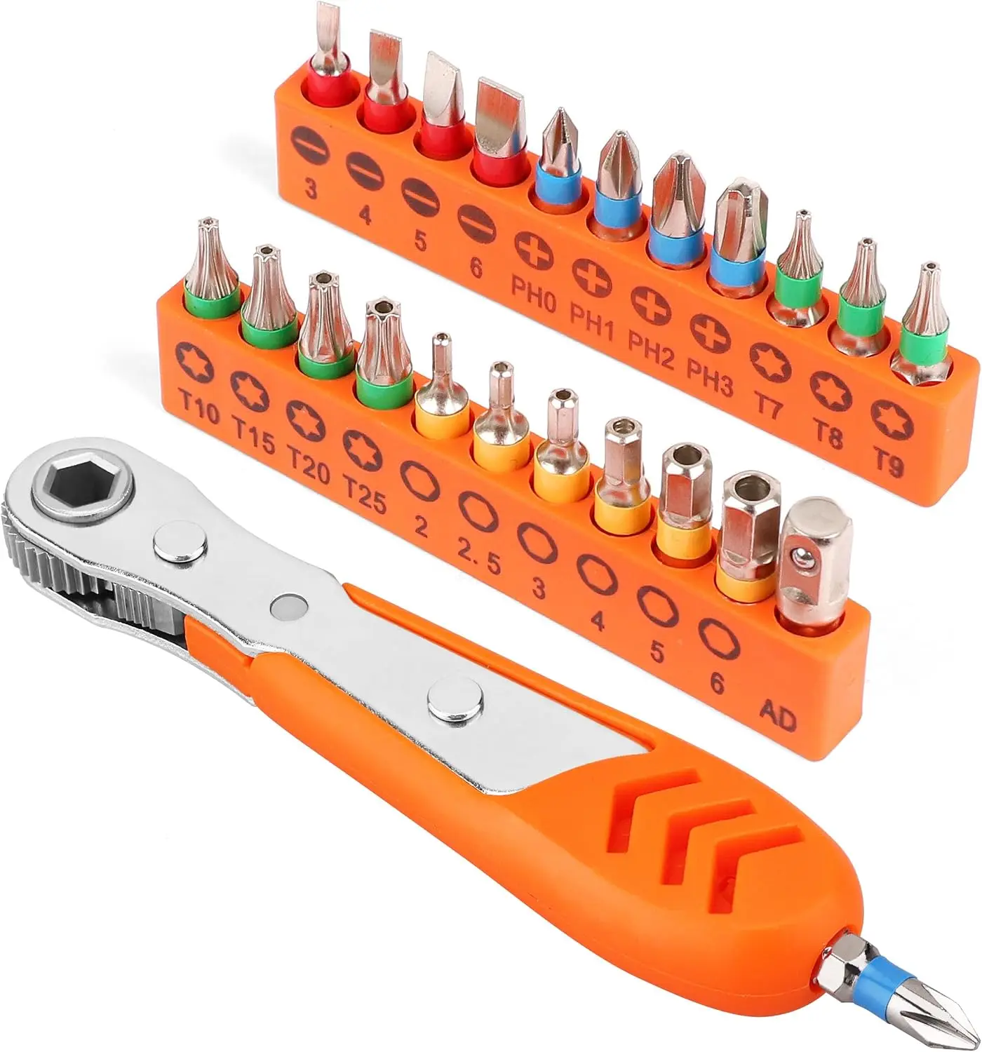 23pc 1/4" Ultra Low Profile Mini Ratchet Screwdriver Set – Tamper Resistant Star Bits, 90 Degree Right Angle Offset Reversible Drive Handle, High Torque Close Quarters Tool with Multi Hex Bits
