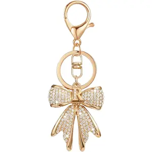Sparkly Cute Initial Letter Rhinestone Bow Keychain for Women Gold Tone Bag Charms Coquette Aesthetic Purse Charms