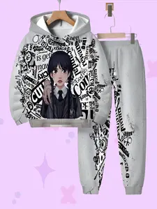 Girls' Wednesday Addams Hoodie Set, Casual Fitted Long Sleeve Sweatshirt with Random Print, Perfect Gift for Spring & Fall Activities, Clothes