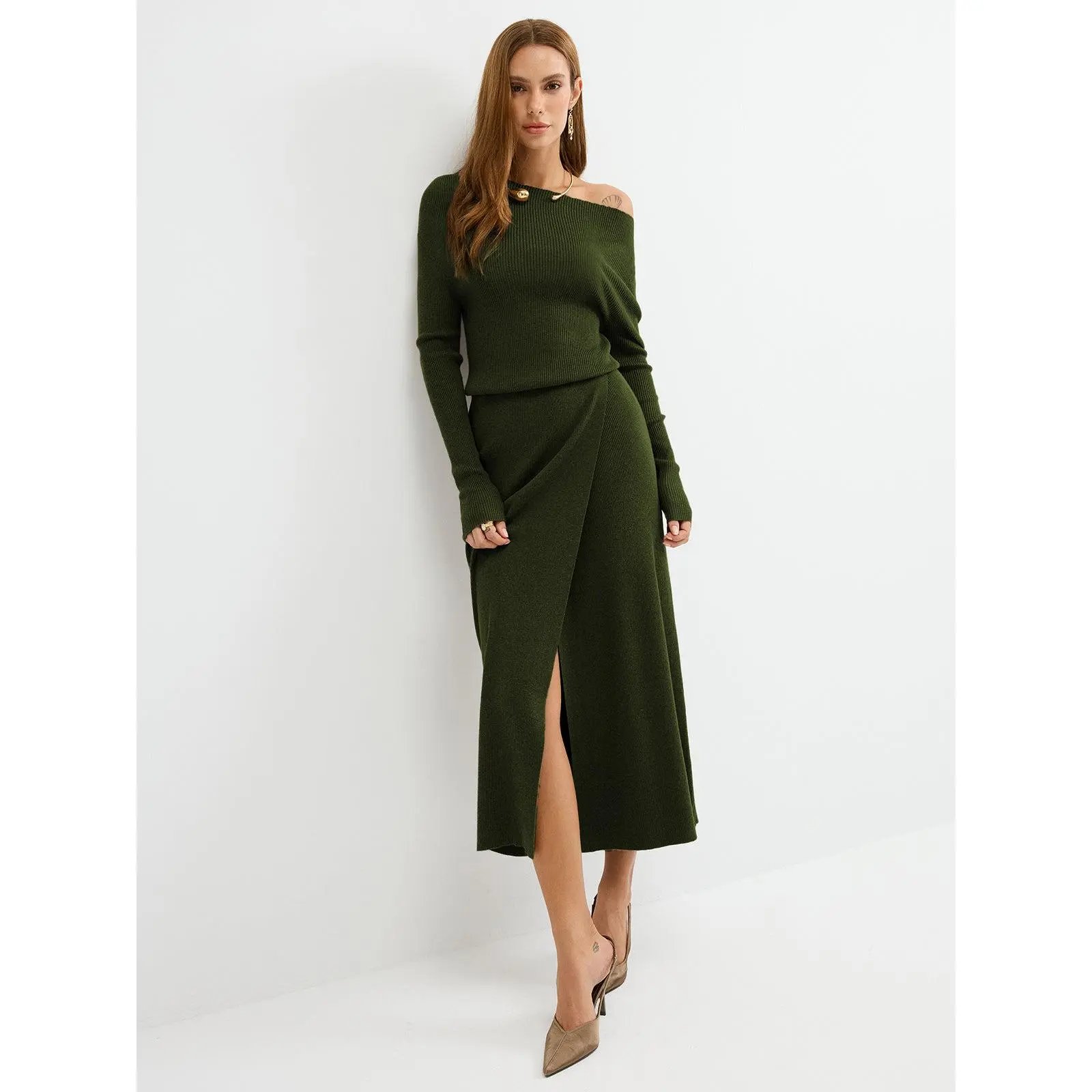 Off-Shoulder Ribbed Wool Blend Maxi Dress - TikTok Shop