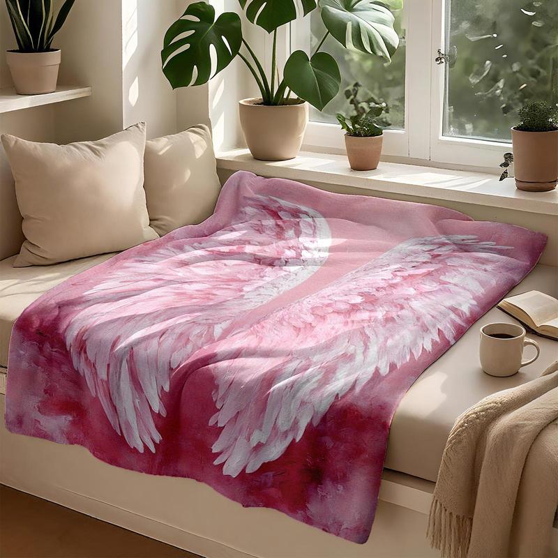 1 piece Pink angel wings with a beautiful artistic conception themed flannel blanket - Oversized fluffy warm sofa blanket, suitable for beds and sofas, modern geometric pattern design, all-season use, digital printing, 100% polyester material