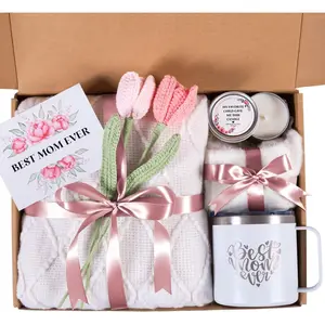 Mothers Day Gifts for Mom from Daughter Son Child, Mother Day Gift Basket for Stepmom, Mother-in-Law, Best Mom Ever Gift Box Set with Blanket Coffee Mug Socks Crochet Tulips Flower
