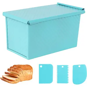 Blue Pullman Loaf Pan with Lid, Sandwich Bread Pullman Loaf Pan, 1LB Dough Capacity Rectangular Bread Pan, Non-Stick Loaf Pan with Dough Scraper  for Sandwich Bread