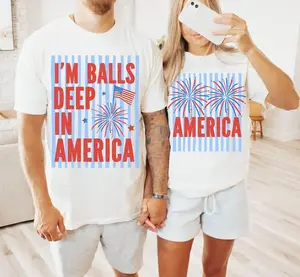 I'm Balls Deep In America Funny 4th of July Striped Shirts, Inappropriate Couple Matching Tees, Patriotic Independence Day Outfits, Graphic T-Shirts
