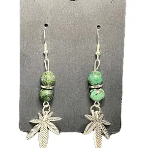 Hand Made African turquoise beads with weed leaf dangle earrings sterling silver hook.