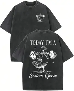 Retro Washed "Today I'm a Serious Goose" Funny Weightlifting Graphic Loose-Fit T-Shirt — Unisex Humorous Athletic Streetwear Top