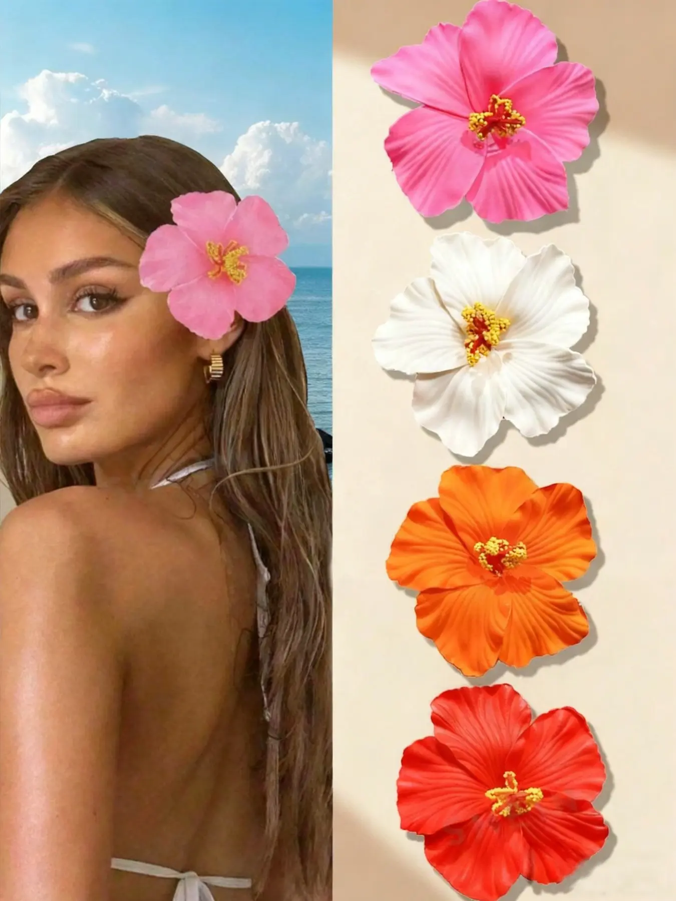 4 Hawaiian Flower Hair Clip Set for Women, Realistic Floral Hair Accessories, Perfect Gift for Beach Parties, Tropical Hair Accessories