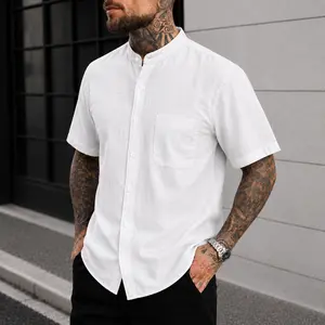 Men's Linen Blend Short Sleeve Shirt Casual Mandarin Collar Button Down Lightweight Breathable Summer Beach Shirt