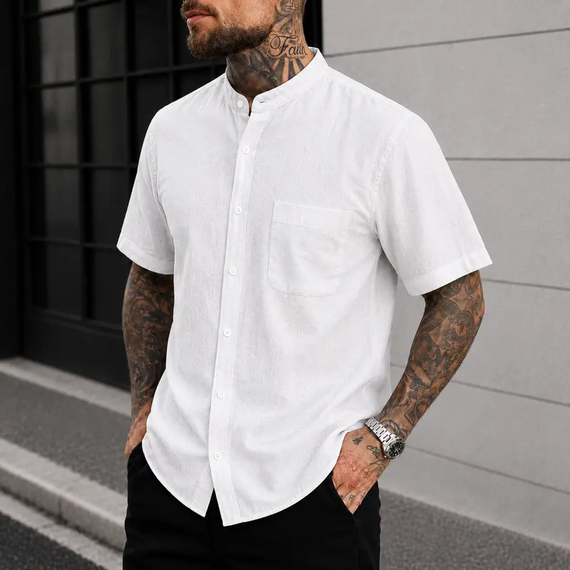Men's Linen-Polyester Blend Short Sleeve Button-Down Shirts - Mandarin Collar, Lightweight Breathable Fabric, Summer Beach Chest Pocket, Plain Stylish Mens Clothing, Outdoor Soft Linen Men's Casual Tops