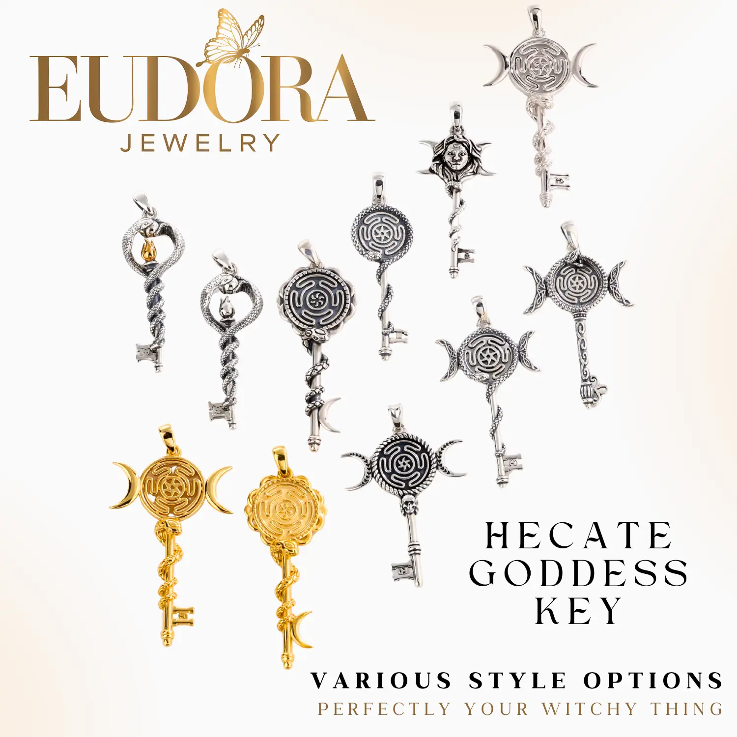 EUDORA 925 Sterling Silver Triple Moon Hecate Wheel Necklace, Vintage Snake-Shaped Moon Pendant, Unisex Witchcraft Jewelry, Personalized Gift