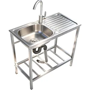 Utility Sink,Outdoor Sink,Free Standing Stainless Steel Laundry Tub,with Cleaning Table&Storage Shelves for Garage, Restaurant, Kitchen,Camping, Backyard