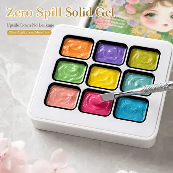 9 Colors Solid Cream Gel Polish Palette with Sponge Ombré Effect, No-Wipe Non-Spill Gradient Nail Art Palette Kit