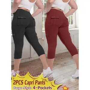2pcs High Waist Yoga Capri Pants 2pcs Capri Pants Set, 4 Way Stretch Butt Lifting Tummy Control, 4 Button Pockets Workout Running Sports PantsWelcome to purchase.