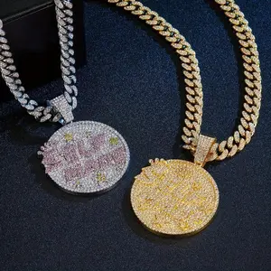 2pcs Iced Out Street Style Full Rhinestone Round "SELF MADE" Words Pendant with Iced Out Miami Cuban Chain Bling Rhinestone Pendant Necklace