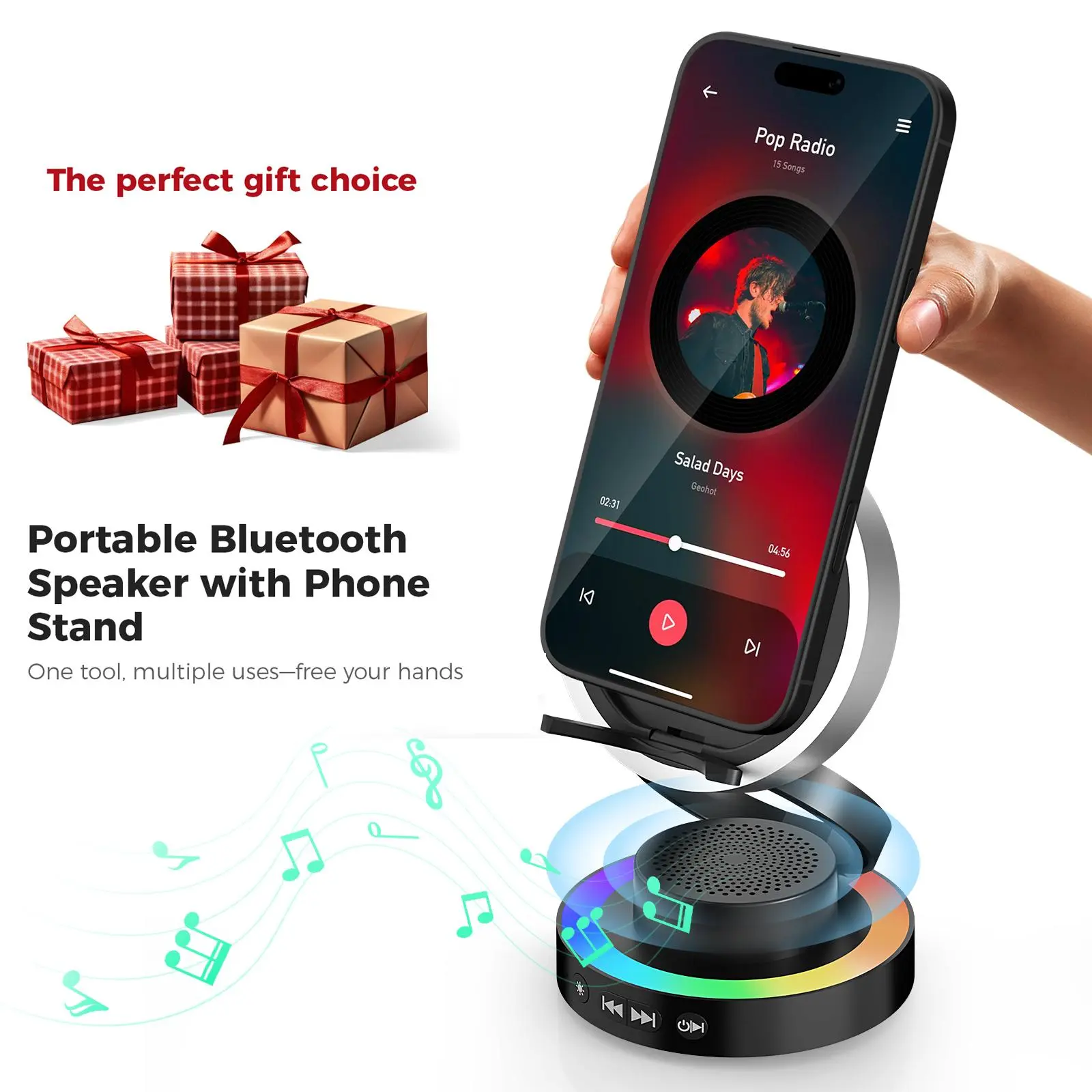VANOTOM 5-in-1 Wireless Speaker Phone Stand with BT Speaker Power Bank RGB Light Foldable for All Phones Bluetooth 5.3 Technology Adjustable Stand Vibrant Ambient Lighting Perfect Gift Choice | Summervibes