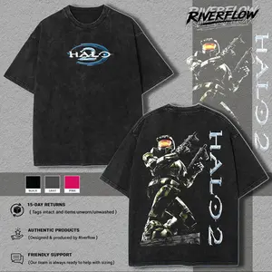 HALO 2 Vintage Heavyweight Washed Tshirt - Comfort Cotton Crew Neck Casual 100% Premium Cotton - Fabric, Menswear Top Graphic Hoodie Print Straight Tee Streetwear