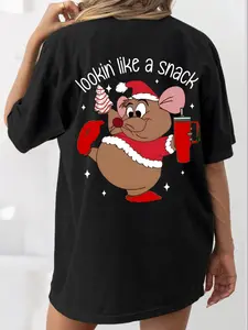 "Christmas Mouse Looks Like a Little Snack" printed, Graphic T-shirt, perfect gift for cartoon lovers and Christmas enthusiasts, suitable for holiday parties, casual dates, festive outfits, unique style features fun