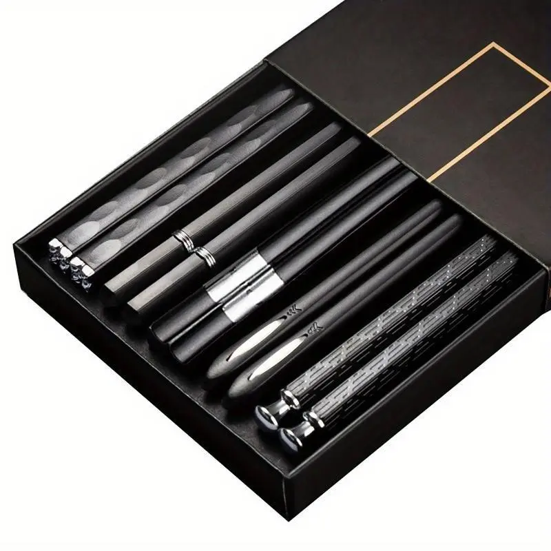 Alloy Reusable Chopsticks, 5-Pair Set of Modern Non-Slip Tableware, Heat-Resistant and Dishwasher Safe for Home Kitchen Dining, Utensils, Straight Form, Sturdy, Cutlery, Easy Clean Alloy, Heat-Resistant For Hot Bowls, 1Box（5Pcs）, Alloy Metal