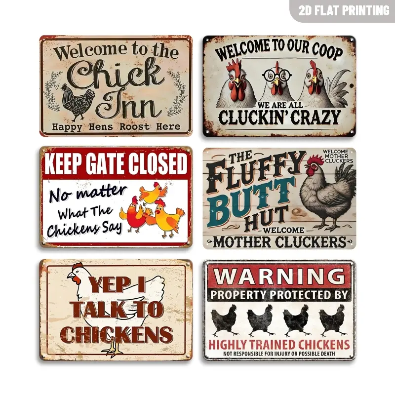 6-Piece Set Vintage Chick-Themed Metal Tin Signs - Rustic Farmhouse Wall Art Decorative Plaques For Chicken Coop / Farm Home Office Decor Home Decor Products Farmhouse Decoration Western Decor Decorating