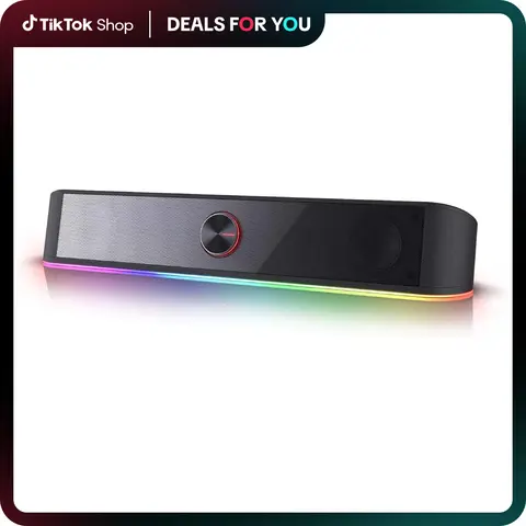 Redragon GS560 RGB Compact 2.0 Channel Gaming Soundbar Speakers - Handy Crystal Gaming Accessory Device, USB/3.5mm Cable, Plug-Powered, Dynamic Lighting Sync, Touch-Control Backlit, Volume Knob, Smartphone Audio Compatibility, Black Cool Desk Gadget