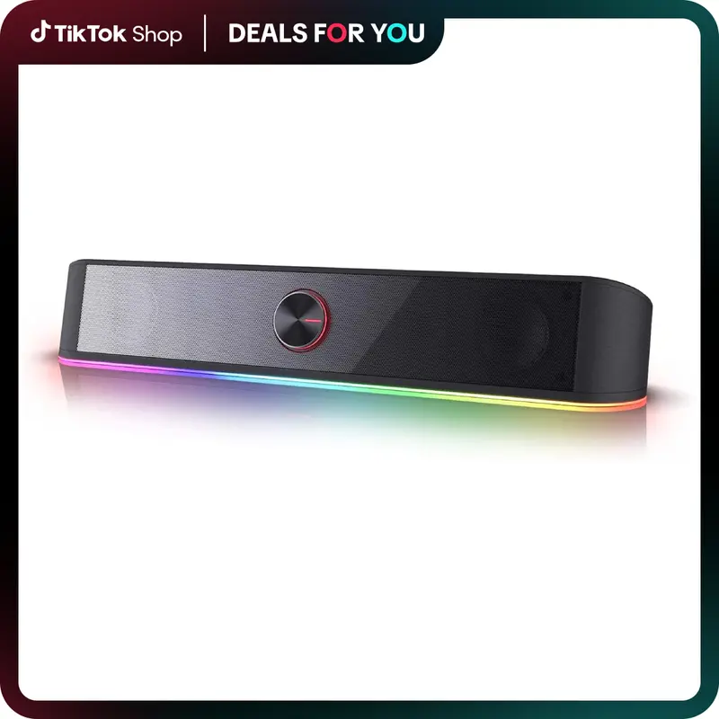 Redragon GS560 RGB Compact 2.0 Channel Gaming Soundbar Speakers - Handy Crystal Gaming Accessory Device, USB/3.5mm Cable, Plug-Powered, Dynamic Lighting Sync, Touch-Control Backlit, Volume Knob, Smartphone Audio Compatibility, Black Cool Desk Gadget
