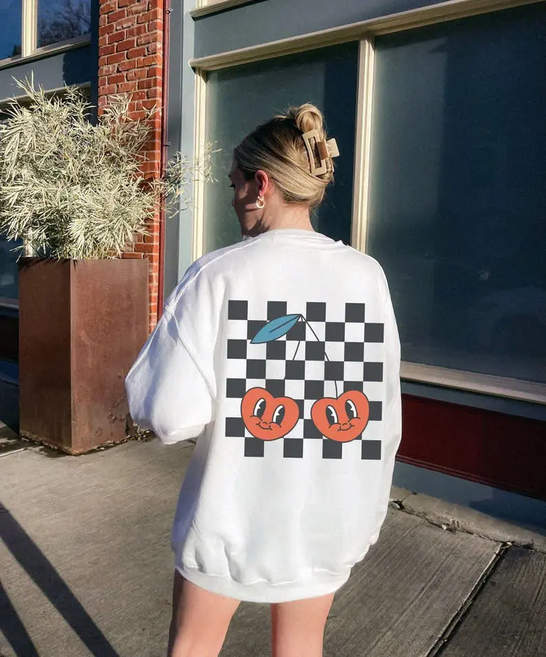 Cherry Sweatshirt, Checkered Cherries Shirt, Retro Checkered, Checker Shirt, Foodie Gift, Checkerboard Crewneck, Trendy Aesthetic Sweatshirt Fabric Fit
