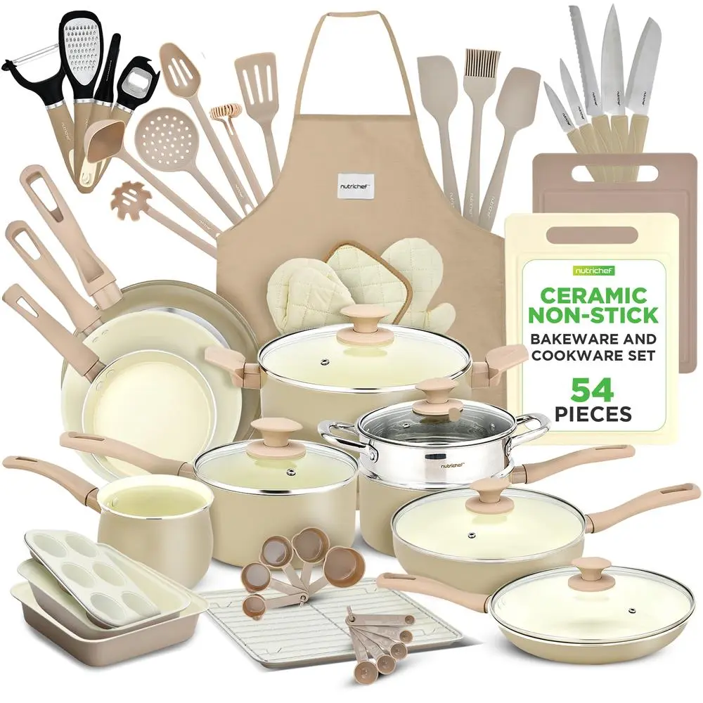 NutriChef 54-Piece Multi-Size Nonstick Ceramic Cookware Set - Taupe Brown, Soup Pot, Sauce Pan, Lids, Utensils, Knife, Gadgets, Cutting Board, Apron and Glove Set - Gas, Electric, Induction Safe