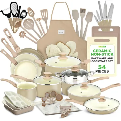 NutriChef 54-Piece Modern Aluminum Nonstick Cooking Set - Taupe Brown Sauce Pan, Soup Pot Set, Glass Lids, Nylon-Silicone Utensils, Knife, Gadgets, Cutting Board, Apron, Glove, Cool-Touch Handle - Gas, Electric, Induction Safe, Hand Wash Only