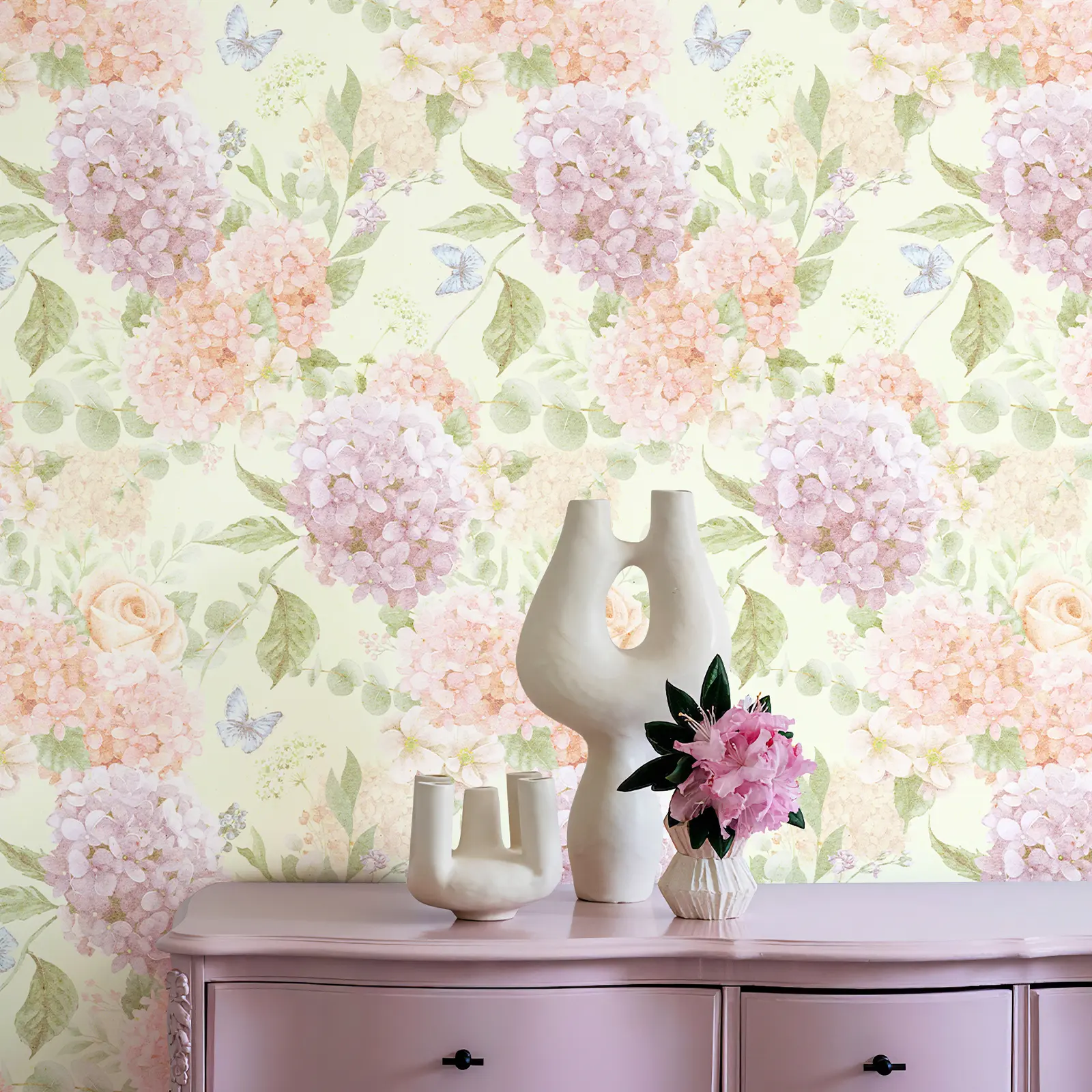 Pastel Hydrangea Peel and Stick Wallpaper, Removable Self Adhesive Botanical Wallpaper for Bedroom Bathroom Closet Cabinet, Soft Garden Wall Decor