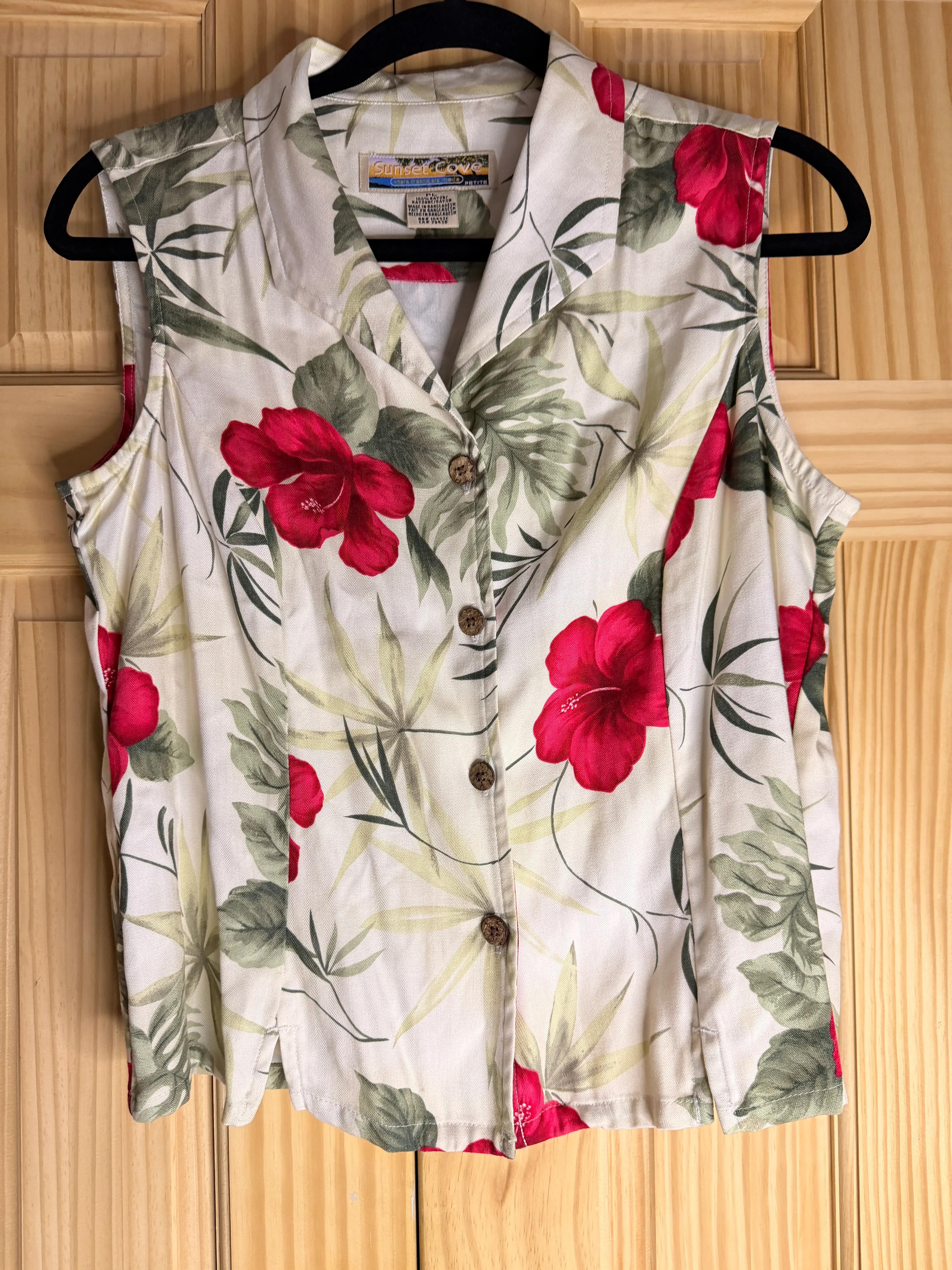 Sunset Cove Tropical Hibiscus Rayon Sleeveless Blouse | Petite Large