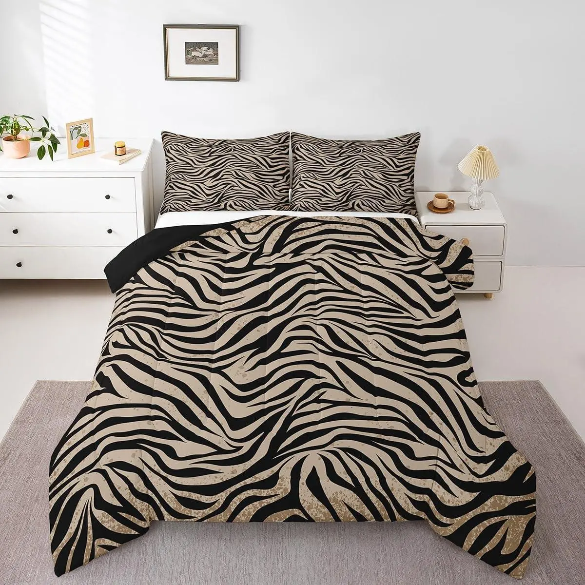 Black Brown Zebra Skin Comforter Set,Wild Animals Bedding Set,Adults Teens,Children Zebra Stripes Luxury Zoo Animal Fur Quilt Set, Comforters, Bed Comforter Set