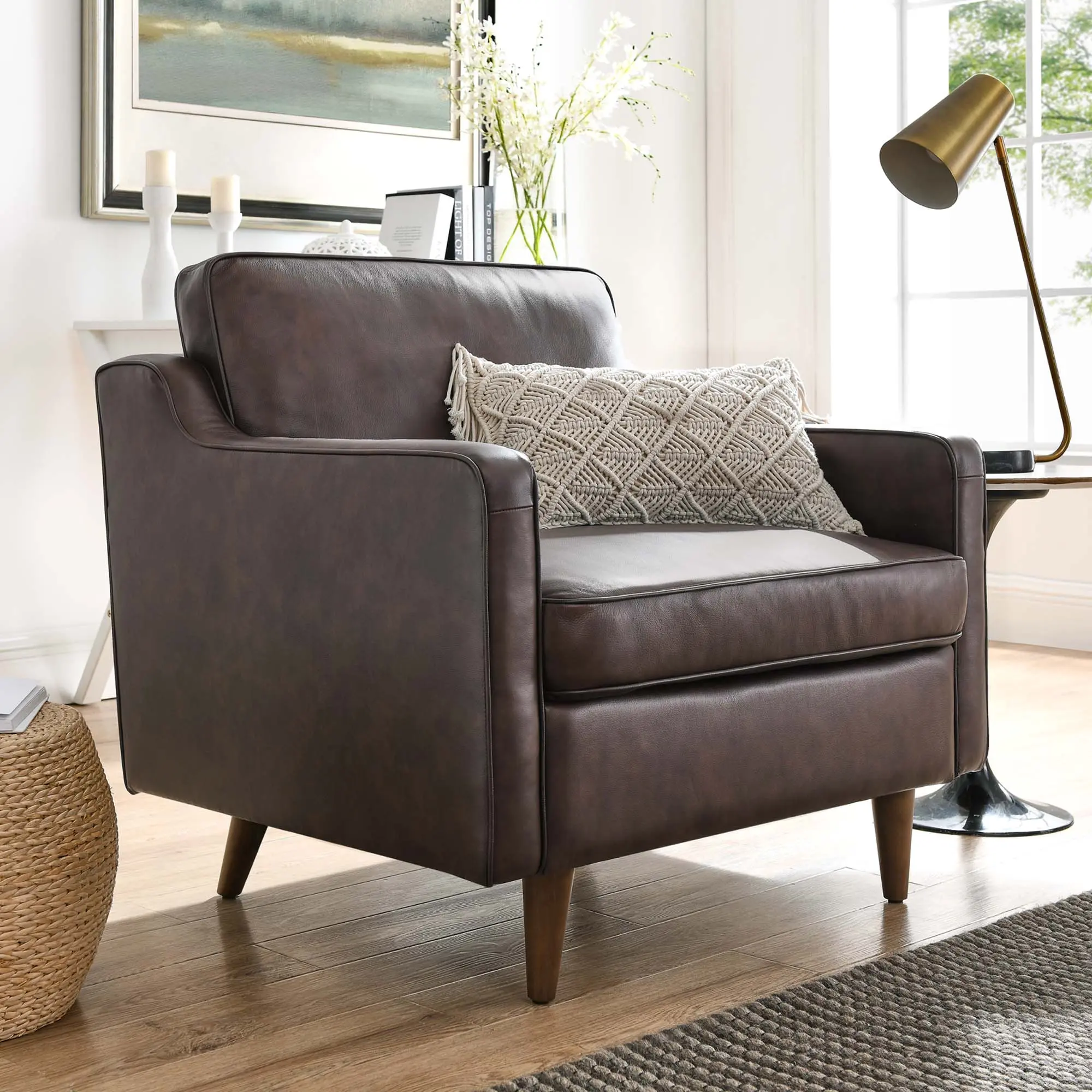 Modway Impart Genuine Leather Armchair, Modern Upholstered Mid-Century Chair, Brown Tones Living Room Indoor Furniture, Modern Upholstered Chair