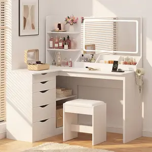 FURMAX Corner Makeup Vanity Desk with Lights and Mirror, 47" L Shaped White Vanity Set with Cushioned Stool& Charging Station, , 5 Drawer, Adjustable 3 Lighting Mode, Bedroom Large Dressing Table