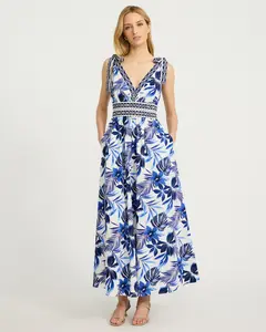 Express Cotton Poplin Printed Tie Strap Smocked Waist Maxi Dress with Pockets
