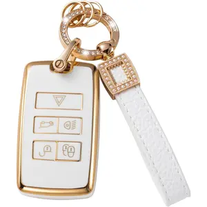For Land Rover Key Fob Cover with Leather Lanyard, Car Key Fob Case Compatible with 2018-2023 Land Rover Range Rover Evoque Vogue Discovery 5 Sport Jaguar E I-PACE Smart Key Protector Holder