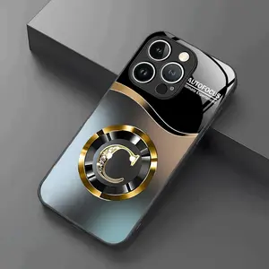 Tempered Glass Protection Casing for iPhone 17,16,15,14,13,12,11 Plus Pro Max - Silver Gradient Stitching, Gold Letter C Pattern, Mobile Tech Accessories